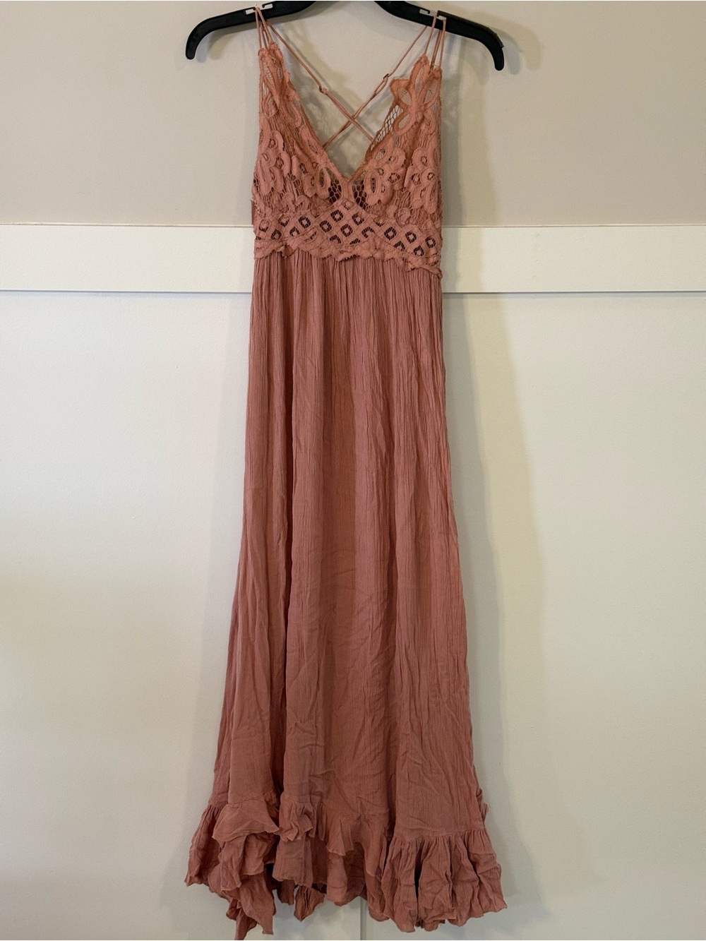 Free People Adella Maxi Slip Dress Pink Lace Boho Criss Cross Back - Picture 2 of 6